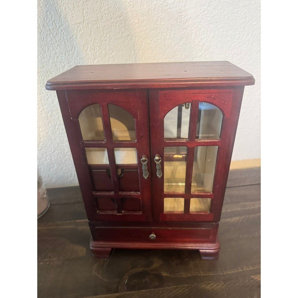 Vintage Wooden Jewelry Armoire Cherry Finish Glass Doors Necklace Carousel Box